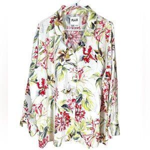 Flax Women’s White Green Long Sleeve Boxy Button Down Shirt 100%Linen